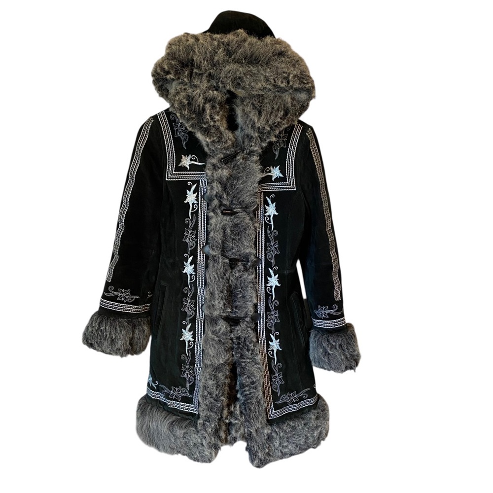 Taunt Black Suede Pea Coat with Gray Fur Trim and Embroidery